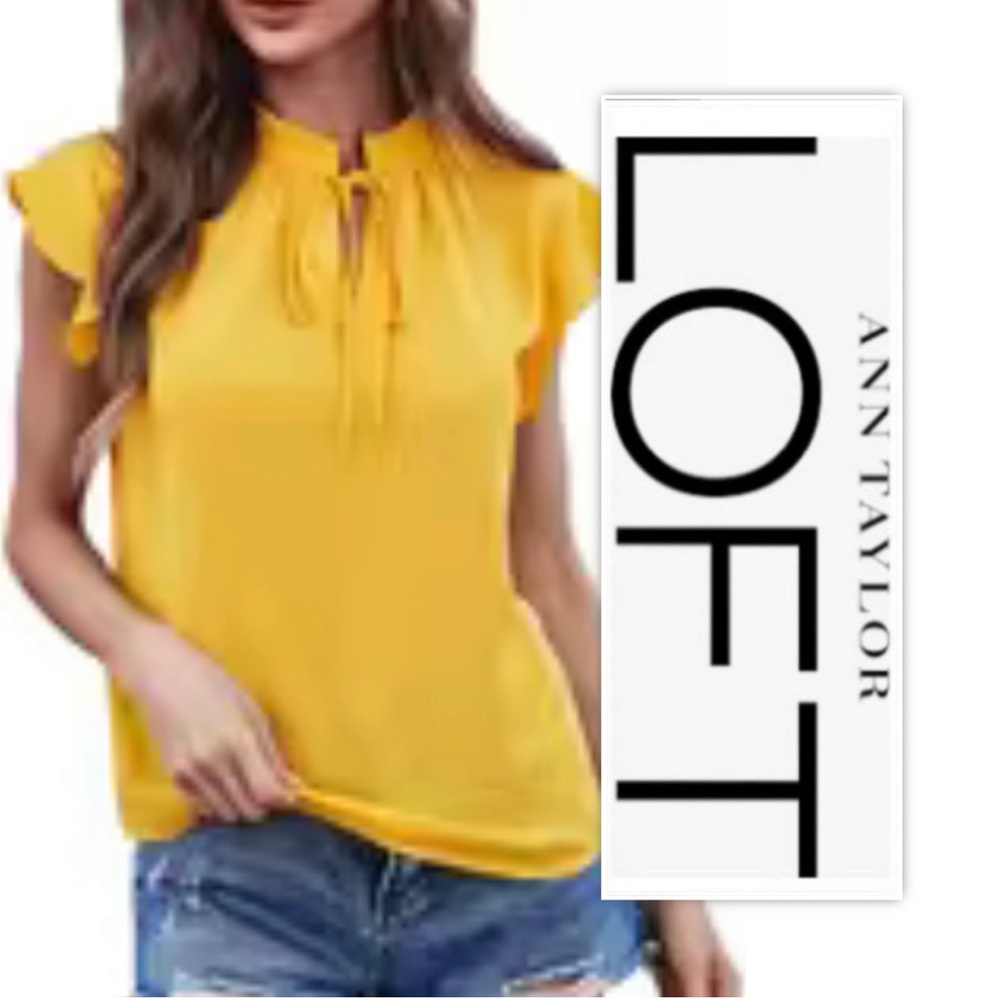 LOFT Yellow Tied V-Neck with Ruffled Detail Top